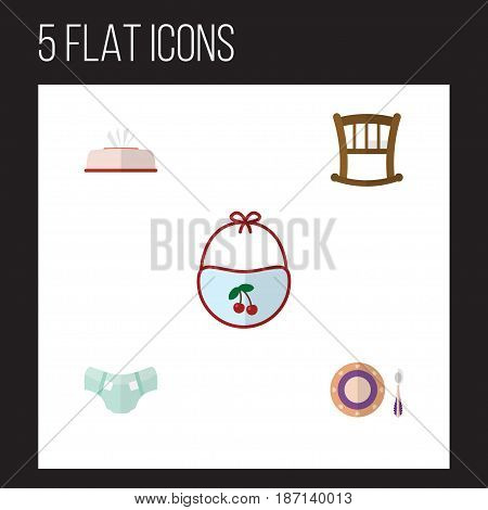 Flat Kid Set Of Tissue, Infant Cot, Nappy And Other Vector Objects. Also Includes Pinny, Pinafore, Dish Elements.