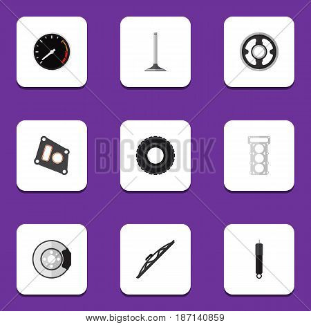 Flat Auto Set Of Tachometr, Wheel, Metal And Other Vector Objects. Also Includes Absorber, Packing, Segment Elements.