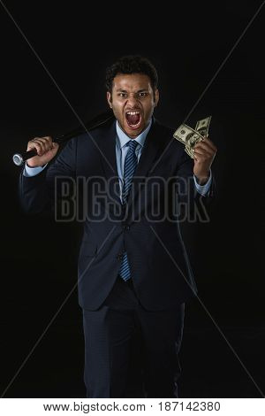 Screaming Businessman Holding Dollar Banknotes And Baseball Bat Looking At Camera