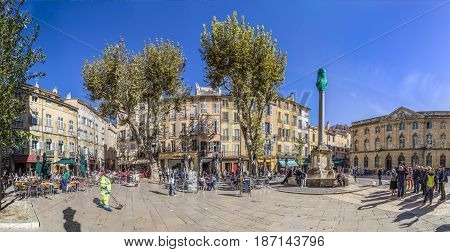People Visit The Central Market Place With The Famous Hotel De Ville In Aix En Provence, France.