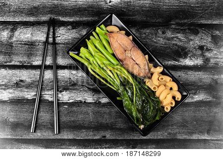 Fried Chinese Kale And Macaroni With Deep-fried Dried Salted Sea Fish.