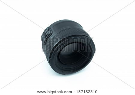 Camera lens isolated on white background. Front part view. Portrait fix lens.