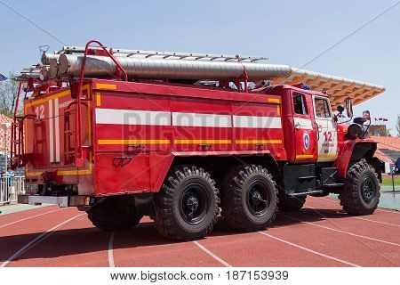 Donetsk Ukraine - April 29 2017: Fire truck at the stadium during a fire crossfit