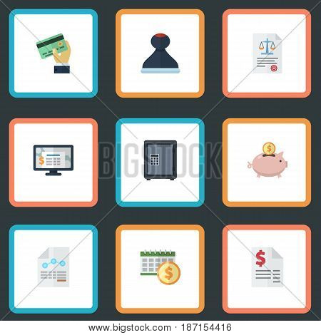 Flat Card, Moneybox, Deadline And Other Vector Elements. Set Of Recording Flat Symbols Also Includes Law, Safe, Duty Objects.