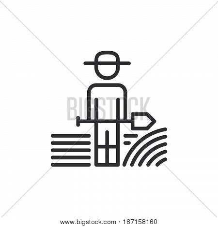Farmer man with shovel line icon outline vector sign linear style pictogram isolated on white. Symbol logo illustration. Editable stroke. Pixel perfect