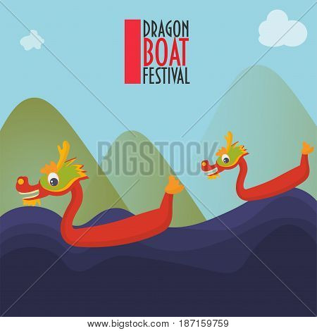 Duanwu racing festival promotion illustration: two dragons boat surfing on waves among mountains made in a cartoon style.
