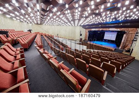 MOSCOW, RUSSIA - FEB 11, 2017: Interior of Korolevskiy concert hall before Pole Dance Show. Concert hall is designed for 750 spectators.