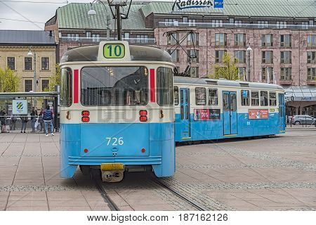 GOTHENBURG SWEDEN - MAY 13 2017: One of the iconic trams of Gothenburg in Sweden.