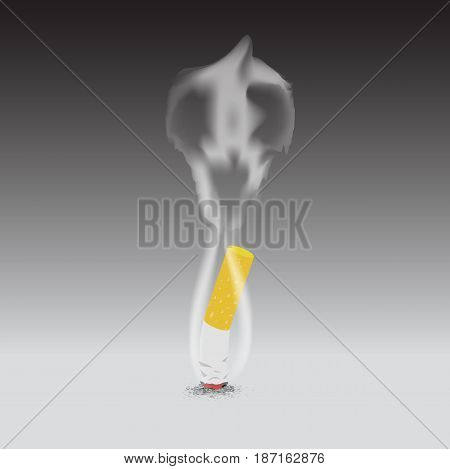 single cigarette on the ground have cinders and Skull smoke with gray background.may 31st . world no tobacco day. please quit.dead sign. vector.illustration. graphic design.