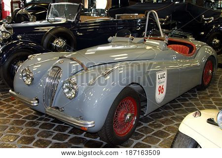 KRASNOGORSK RUSSIA-FEBRUARY 23 2016: Sports Roadster Sports Roadster JAGUAR XK 120 in the Museum of technology Zadorozhnogo. Krasnogorsk Moscow region.