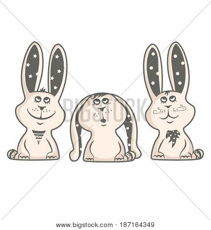 Three stylized cute cartoon bunnies. Vector illustration