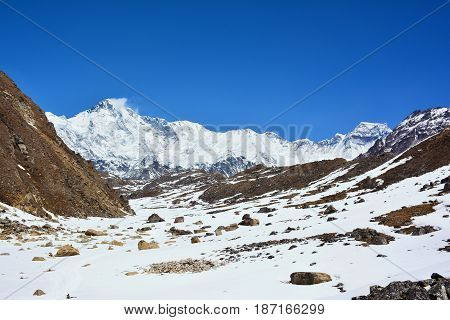 Majestic view of Mt. Cho-Oyu on the way to Cho-Oyu base camp Himalayan Mountains Nepal