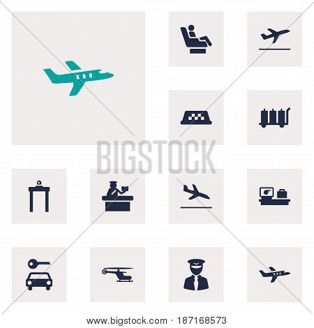Set Of 12 Airplane Icons Set.Collection Of Letdown, Aircraft, Automobile And Other Elements.