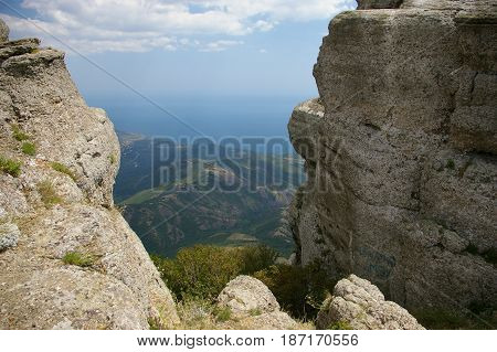 Rock 'Demerdji'. Scenic landscape with rocks and clouds