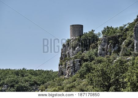 Medieval tower in town Balazuc in France