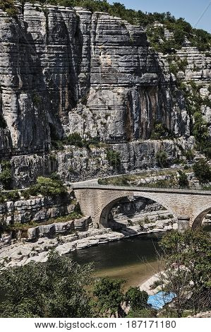 Stone bridge over the River Ardeche in France