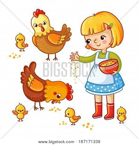 Girl Feeding Hens And Chickens.