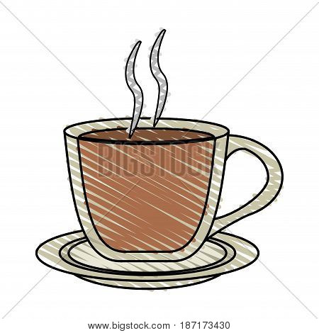 color crayon stripe cartoon transparent cup of coffee with steam on dish vector illustration