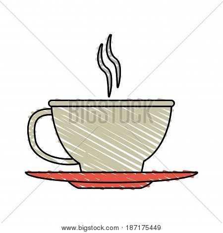 color crayon stripe cartoon cup of coffee with steam on dish crockery vector illustration