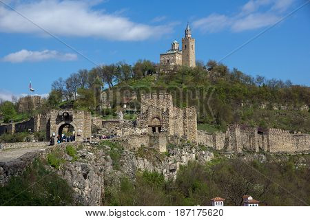 VELIKO TARNOVO, BULGARIA - 9 APRIL 2017: Ruins of The capital city of the Second Bulgarian Empire medieval stronghold Tsarevets, Veliko Tarnovo, Bulgaria
