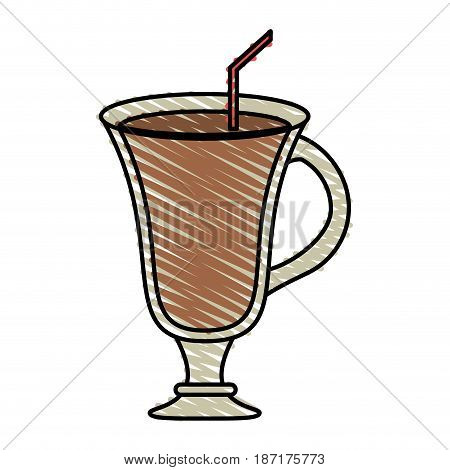 color crayon stripe cartoon glass cup of cappucino with straw vector illustration