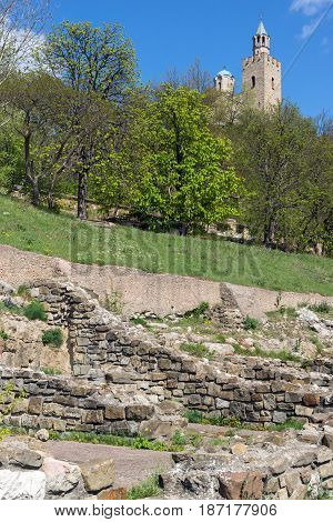 VELIKO TARNOVO, BULGARIA - 9 APRIL 2017: Ruins of The capital city of the Second Bulgarian Empire medieval stronghold Tsarevets, Veliko Tarnovo, Bulgaria