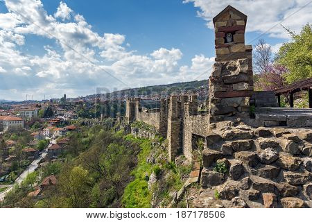 VELIKO TARNOVO, BULGARIA - 9 APRIL 2017: Ruins of The capital city of the Second Bulgarian Empire medieval stronghold Tsarevets, Veliko Tarnovo, Bulgaria