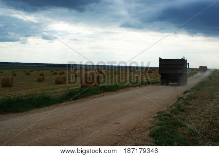 Round straw bales in harvested fields and blue sky with clouds.
