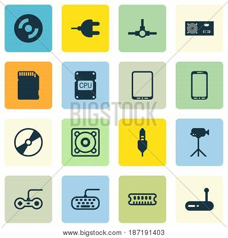 Set Of 16 Computer Hardware Icons. Includes Music, Joystick, Router And Other Symbols. Beautiful Design Elements.