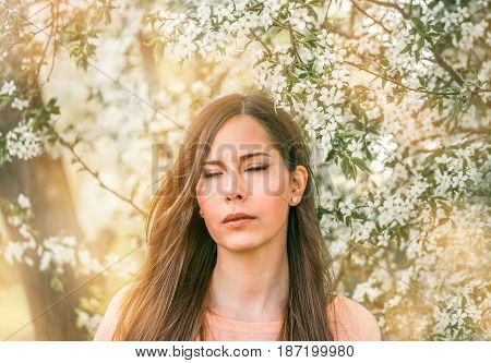 Romantic girl closeup face with close eyes, cherry blossom on the background. Pretty young woman dreaming about something closing eyes, spring time, sinny day.