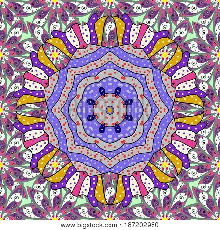 Colorful colored tile mandala on a blue background. Unusual vector ornament decoration. Intricate floral design element for sketch paper fabric print furniture. Boho abstract seamless pattern.