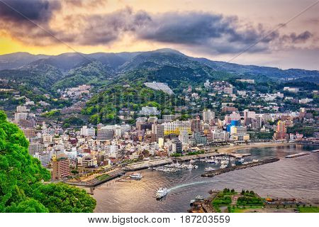 Atami City, Japan Skyline at dusk.