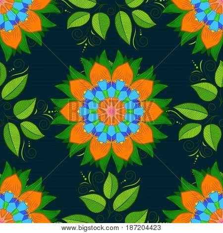 Geometric Circle Element In Glod Colors. Mandala On Blue Background. Vector Round Ornament Pattern. 