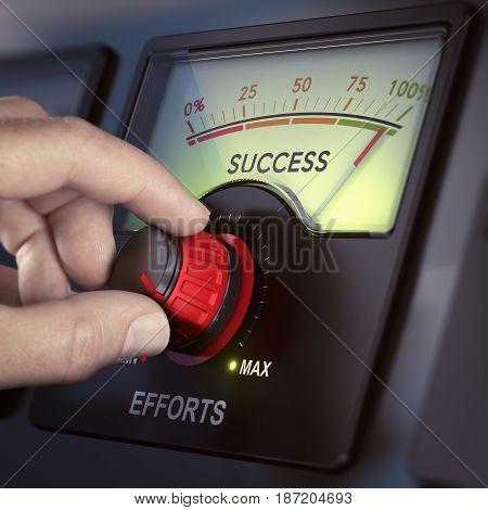 Hand turning an effort knob to the maximum for achieving success. Motivation concept. Composite image between a hand photography and a 3D background.