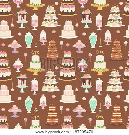 Collection of various cakes on white background. Fresh tasty dessert sweet pastry pie. Gourmet homemade delicious cream traditional bakery tart seamless pattern background