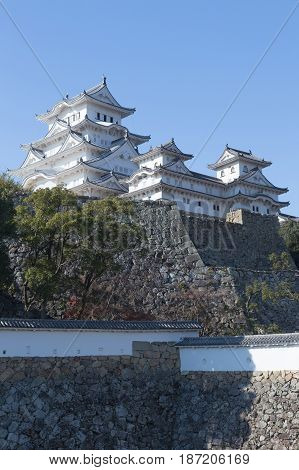 Himeji castle Kansai Japan historical landmark with blue sky background