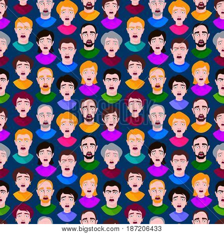 Extremely surprised young people shock seamless pattern portrait and frightened face emotions afraid expression person with open mouth vector illustration.