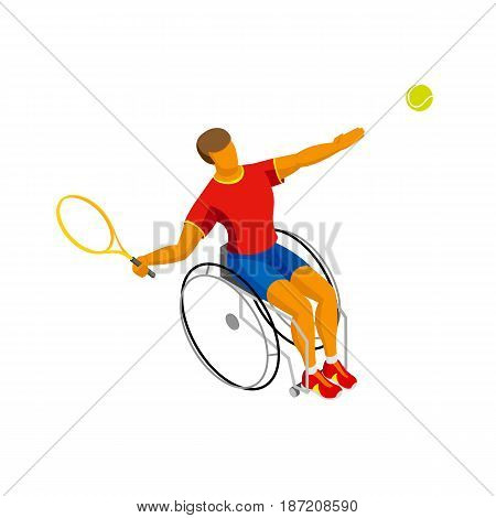 Physically disabled tennis player isolated on white background. Wheelchair tennis - sport infographics clip art. Isometric 3d vector athlete.