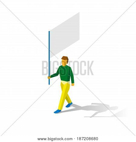 Isometric flag bearer with blank standard. In colors of Brasilia. Sport infographic. Vector image clip art - flagman.