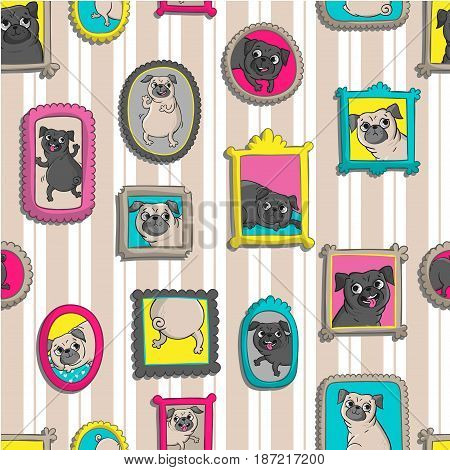 Frames with portraits of pugs. Seamless vector pattern with funny dogs.