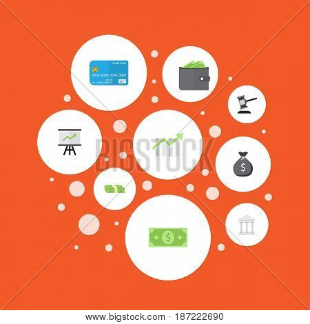 Flat Billfold, Growing Chart, Bar Diagram And Other Vector Elements. Set Of Business Flat Symbols Also Includes Cash, Sack, Salary Objects.