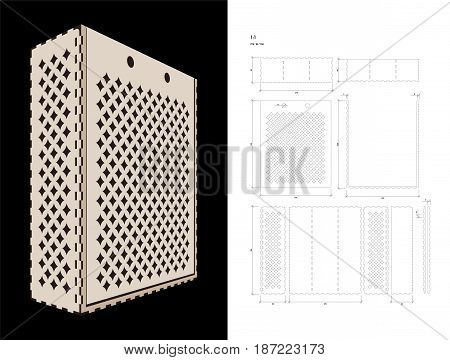 Cut out template for three bottles Wine gift slider Box or Wine  Glasses Box (plywood 3 mm). Creative memory bottle pack with geometric design. Scheme is suitable for a laser cutting or printing