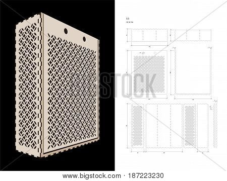 Cut out template for three bottles Wine gift slider Box or Wine  Glasses Box (plywood 3 mm). Creative memory bottle pack with geometric design. Scheme is suitable for a laser cutting or printing