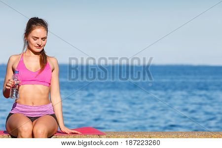 Woman Drinking Water After Sport Gym Outdoor