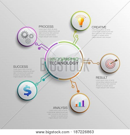 Business data infographics. Process chart TechnBusiness data infographic. Process chart Technology. Abstract elements of graph, diagram with 5 steps, options, parts or processes. Vector business template for presentation.