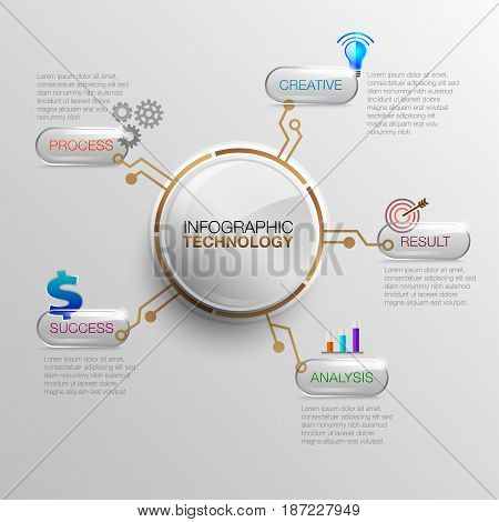 Business data infographic buttons glass. Process chart Technology. Abstract elements of graph, diagram with 5 steps, options, parts or processes. Vector business template for presentation.