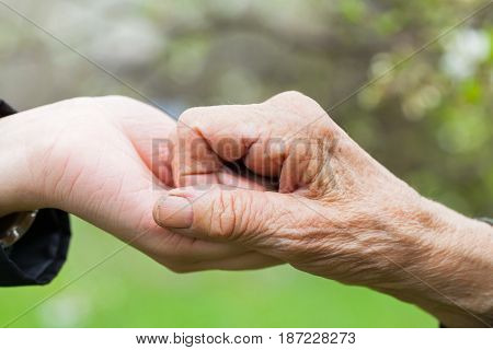 Close up picture of a young woman's hands holding an elderly female's hands