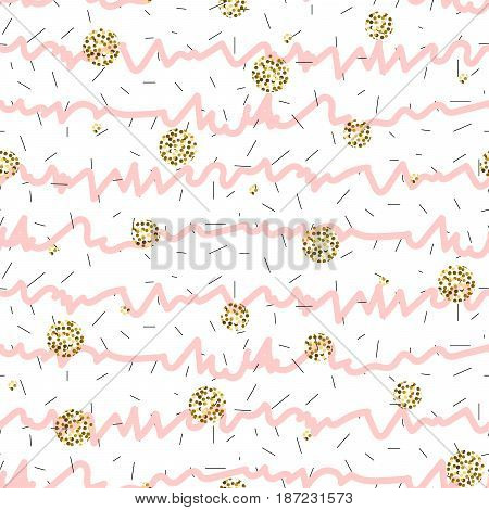 Pink and white ruffle stripe seamless pattern with golden shimmer polka and particles. Geometric monochrome vector texture with glitter spots.