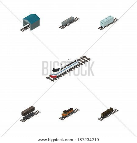 Isometric Railway Set Of Underground, Railroad Carriage, Train And Other Vector Objects. Also Includes Underground, Oil, Lumber Elements.