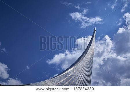 MOSCOW, APRIL 12, 2017: Rocket monument of Russian cosmonautics, Soviet space conquerors, space industry engineers on VDNKH. 